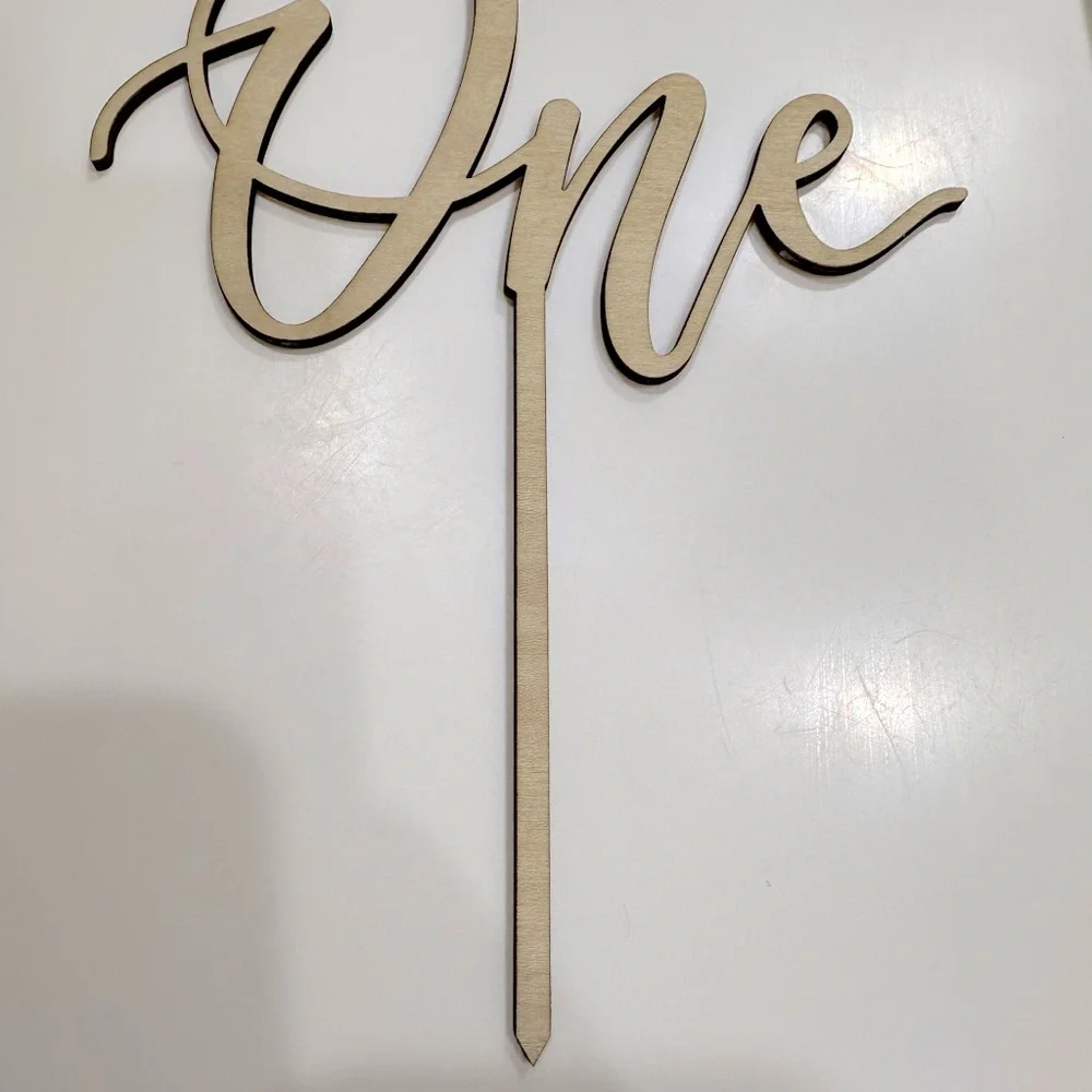 Light Wood Script One First Birthday Cake Topper